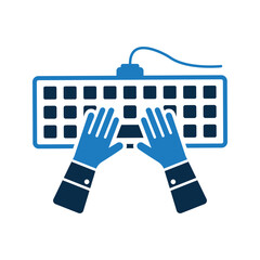 Hands typing, keyboard, notebook icon.