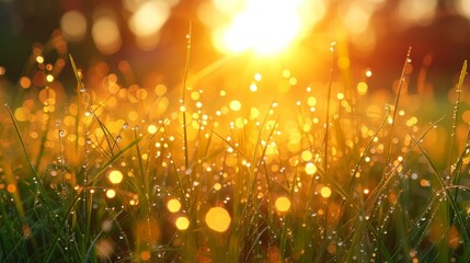 The golden glow of a dawning sun, casting long shadows on dew-kissed blades of grass.