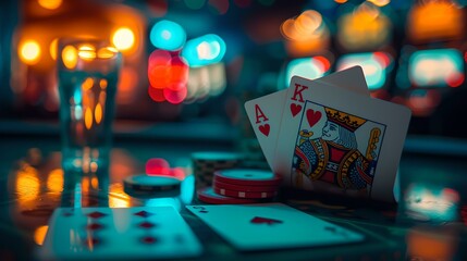 Vivid casino night, poker cards and chips on table, gambling and risk concept with colorful bokeh background. AI