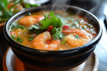 Tom Yum Goong: Spicy shrimp soup with lemongrass, chili, and a citrusy kick, served steaming hot
