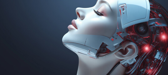 Elevated side view of a female robot head with exposed intricate red mechanics, embodying a fusion of elegance and advanced robotics against a dark background.