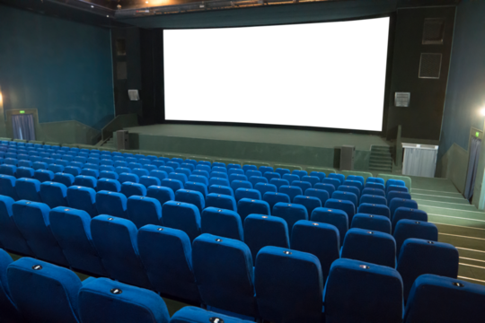 Empty movie cinema with rows of blue seats and PNG isolated screen with transparent background