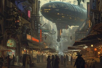 A fleet of steampunk airships hovers above a Victorian-inspired cityscape, enveloped in a golden mist at dawn. Resplendent. - obrazy, fototapety, plakaty