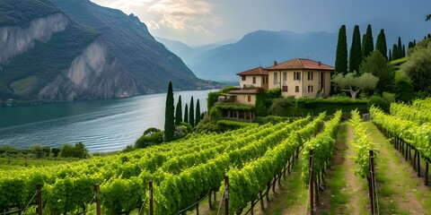 Serene vineyard by the lake at sunset. calm, picturesque landscape with rolling hills. perfect for wine lovers and travel. AI