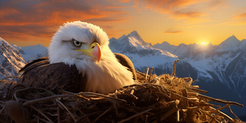 A Winter Symphony: The Eagle's Gaze Over a Sunset-Painted Horizon, The Eagle's Nesting Throne Amidst Snowy Peaks, A Winter Sunset at the Eagle's Aerie