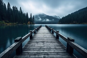 Wooden jetty over the mountain lake with forest on rainy cloudy gloomy day