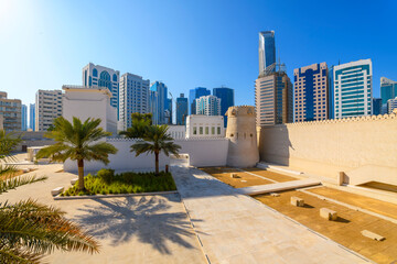 View from the walled walkway of the skyline of downtown Abu Dhabi, from the historic Qasr Al Hosn...
