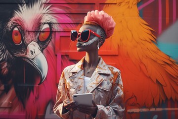 Trendy woman with tablet blending with vibrant street art. Ideal for digital lifestyle magazines and urban culture features. 