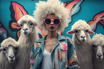 Fashion-forward woman with alpacas against a butterfly mural. Ideal for fashion editorials and...