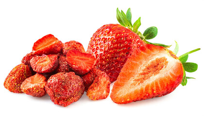frische Erdbeeren und getrocknete Erdbeeren isoliert auf weißen Hintergrund, Freisteller 