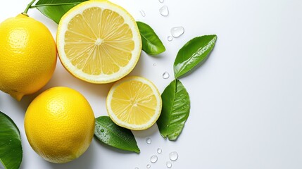 Fresh natural green lemon with a leaf on a white background. Ample copy space for text.
