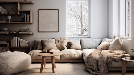 Fototapeta na wymiar Include a cozy area rug under the reading corner, bringing additional warmth and softness to the Scandinavian-inspired spacear