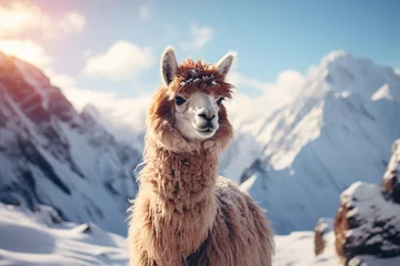 Photo sur Plexiglas Lama cute fluffy alpaca llama on a blurred background of snowy mountains on a sunny day