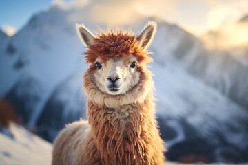 portrait of fluffy alpaca llama on a blurred background of snowy mountains on a sunny day