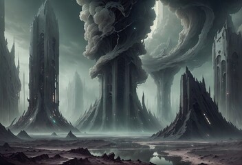 A fantastic landscape with dark towers rising above the arid landscape. Clouds surround the towers, and the land around them looks lifeless and deserted