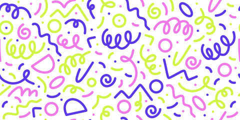 Doodle seamless pattern. Fun colorful line background. 90s kids background. Funny modern childish drawings. Wallpaper and wrapping design. Banner backdrop. Simple party confetti vector illustration