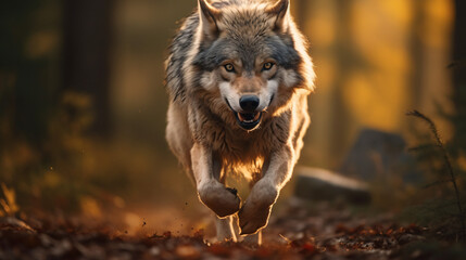 Wild Gray wolf running in the forest at sunset