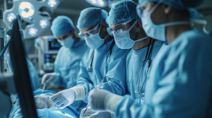Operating room, team of surgeons prepares patient to cancer removal surgery via Minimally Invasive Robotic Surgery. Hi-tech medical robot, modern medicine, futuristic medical equipment, operation - obrazy, fototapety, plakaty