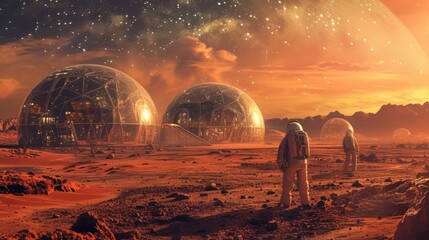 Futuristic Martian spaceport with advanced spacecraft and rocky terrain. Resplendent.