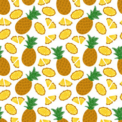 Pineapple seamless pattern on a white background. Cute hand drawn illustration