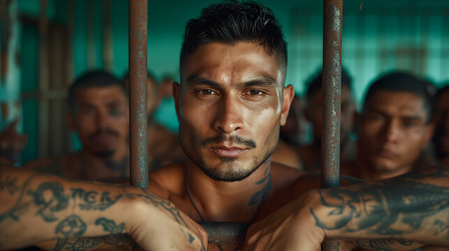Retrato de un grupo de de pandilleros latinos con tatuajes 