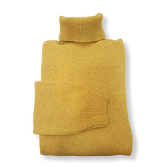 folded  yellow wool turtleneck sweater on isolated white background