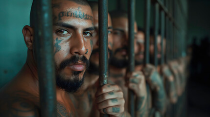 Retrato de un grupo de de pandilleros latinos con tatuajes  - obrazy, fototapety, plakaty