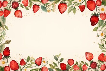 botanical watercolor border frame card template of ripe red strawberry on white background