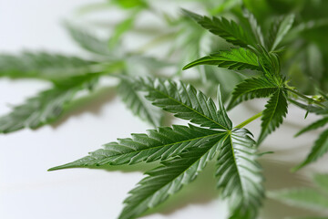 close up of hemp. close up of green leaves of cannabis on white background. Hemp leaf. AI Generated	