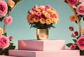  a floral podium for a cosmetic product presentation, using garden roses