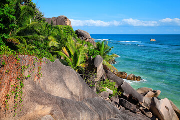 Coast of Island La Digue, Source d'Argent Beach, Republic of Seychelles, Africa.