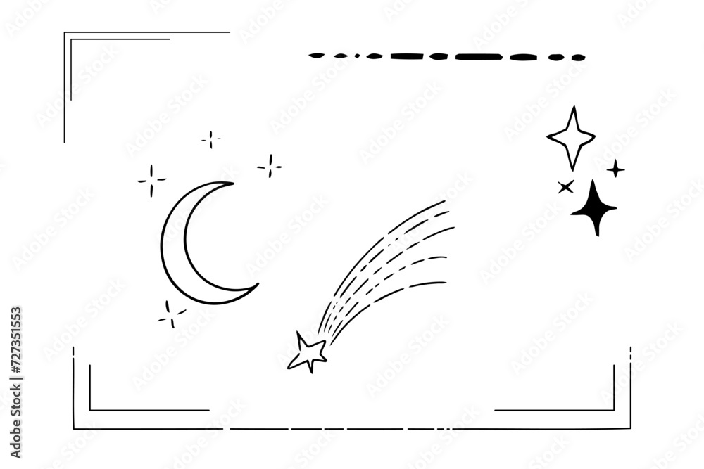 Wall mural set star sparkle silhouette celestial line frames abstract shape borders isolated on white backgroun