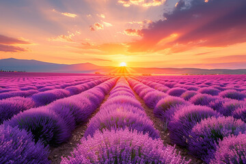 Breathtaking Sunset Over a Serene Lavender Field Landscape