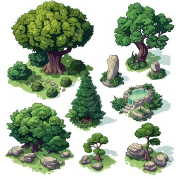 Mobile game environment asset: a set of trees in isometric view.