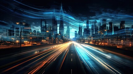 Fototapeta na wymiar High speed urban traffic on a city highway at night. Generate AI image