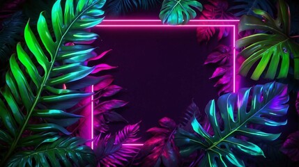 neon frame with tropical leaves on a dark background with copy space