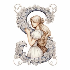 Font design for the letter S with a doll angel. Ai generative.