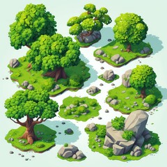 Isometric low-poly tree collection, designed as a mobile game environment asset.