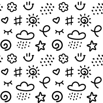 Cute line doodle seamless pattern. Simple hand drawn scribble black icons on white background in children drawing style. Funny collection of nursery design elements. Vector illustration on white