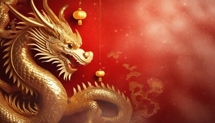 Obraz premium golden dragon on red wall