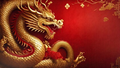 Obraz premium golden dragon on red wall
