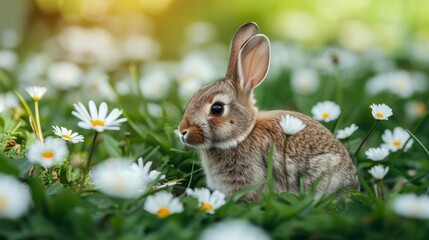 Naklejka na ściany i meble A Spring-themed Easter background featuring a bunny nestled in lush green grass among daisies.