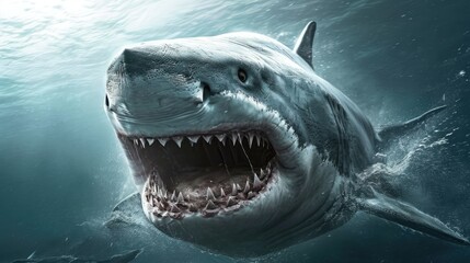 A picture of nature's raw power: a shark, its mouth agape revealing a terrifying array of teeth, on the prowl in the sea.