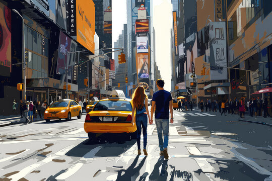 illustration painting, street view of New York, man and woman, yellow taxi, modern Artwork, American city, illustration New York
