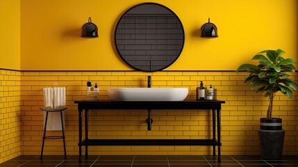 Close up of modern yellow bathroom furniture with white sink and wooden countertop