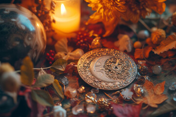 Moon amulet, crystal gemstones, Wiccan altar for Mabon sabbat. autumn equinox holiday. - obrazy, fototapety, plakaty