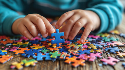 Close-Up of Child's Hands Assembling Colorful Jigsaw Puzzle Pieces.