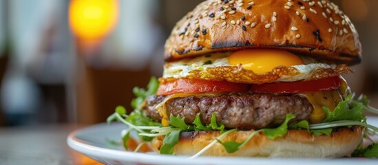 Close up of a tasty burger with an omelette breakfast.