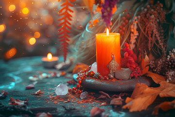 Autumn background. Candle with amulet, crystals, fall leaves. Wiccan altar. Mabon sabbat. autumn equinox. Witchcraft, esoteric magic ritual. - obrazy, fototapety, plakaty