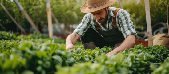 Farmer cultivating plants in greenhouse